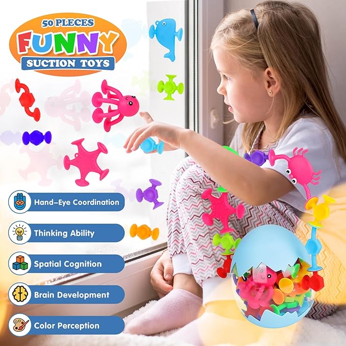 50 Pieces Suction Bath Toys for Kids Age 3+, Baby Silicone Ocean Animal Sucker Toys with Dinosaur Eggshell, Sensory Travel Window Toys for Toddlers, Stress Release Gifts for Boys Girls Ages 4-8