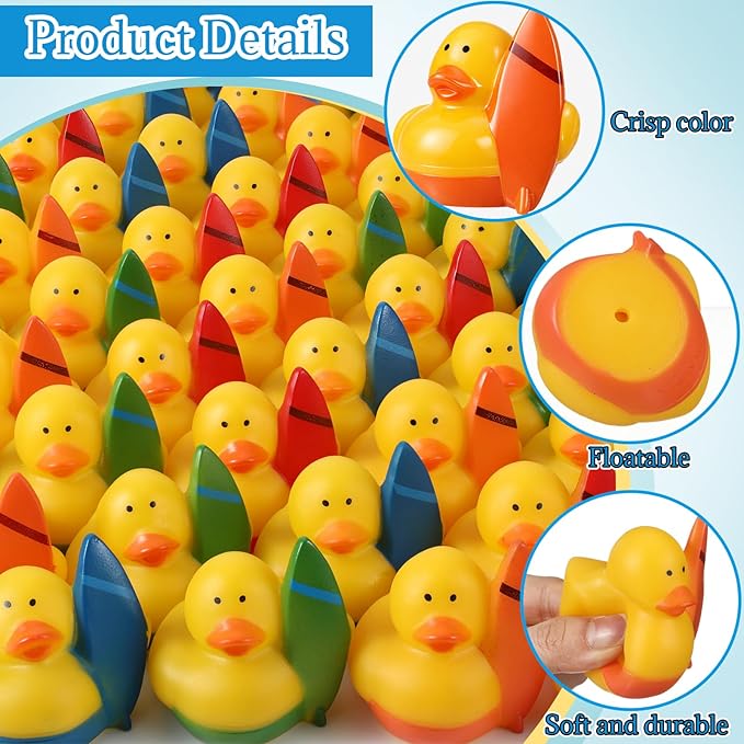 Sotiff 24 Pcs Summer Beach Surfing Rubber Ducks Bulk, Mini Rubber Duckies Bath Toys Float Bathtub Ducky 2" for Summer Holiday Party Favors Birthday Gifts