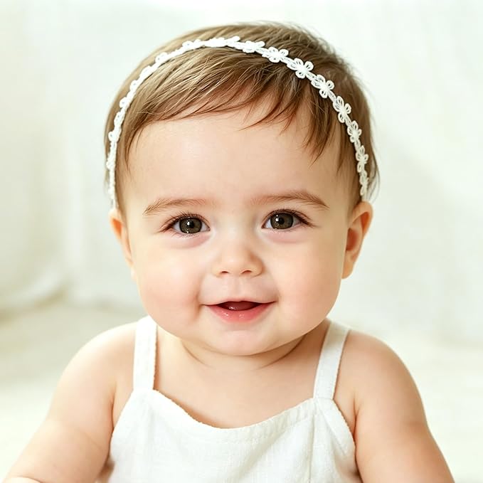 Baby Girls Flower Crown Headband Lace Handmade Floral Headbands Soft Elastic Band Daisy Hairband Newborn Infant Toddler Kids for Christening Baptism Birthday Party (Small White Daisy)