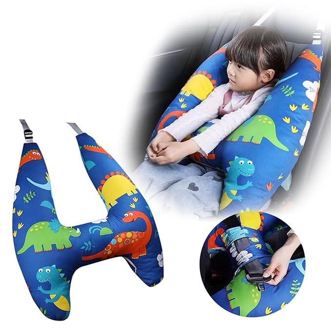 Generic Car Seat Belt Pillow and Adjuster Kit for Kids, Travel Pillow Headrest Neck Support Cushion Seatbelt Cover and Safety Strap Protection Pad for Body Protector Rest (Dinosaur)