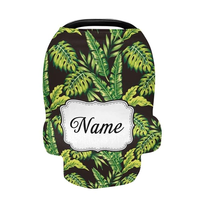 Personalized Name Car Seat Covers for Babies, Customized Infant Carseat Cover with Name, Baby Carrier Cover Car Seat Canopy, Carseat Canopies Nursing Cover for Newborn Boys Girls, Tropical Plant