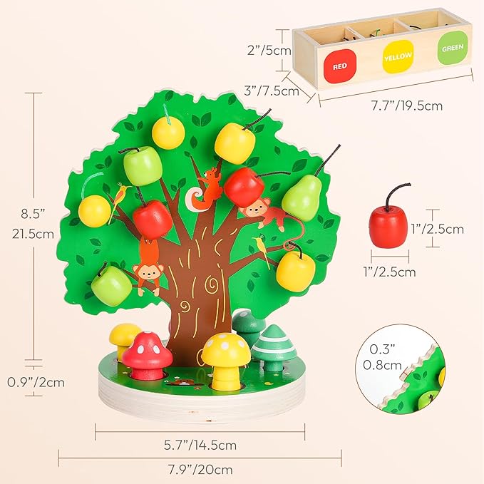 Woodtoe Toddler Fine Motor Skill Toys, Montessori Wooden Sensory Toys for Toddlers 3 4 5 6 Year Old, Apple Picking Magnetic Tree Toy, Color Sorting and Matching Game, Educational Learning Gift for Kid