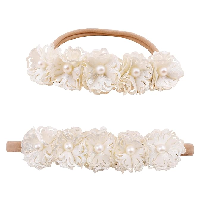 Baby Girl Flower Headbands and Bows, Stretchy Soft Nylon Floral Crown, 3pcs Handmade Hair Accessories for Newborn Infant Toddler
