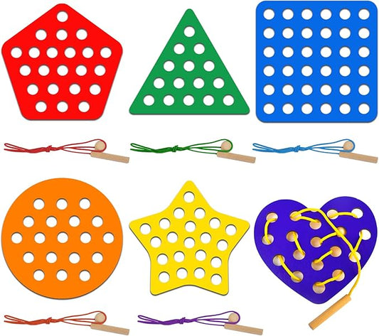 6 Pcs Lacing Toy Toddlers, Geometric Wooden Threading Toys, Educational and Learning Montessori Activity Baby and Kids, Fine Motor Skill Toys