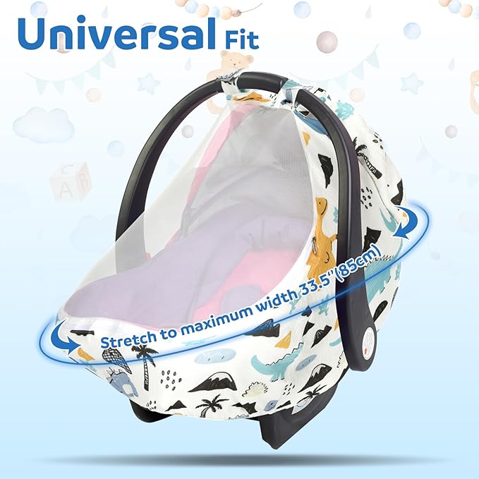 Dinosaurs Carseat Cover Baby Infant Car Seat Canopy Breathable Cotton Extra Large Mesh Window Windproof Newborn Stroller Baby Carrier Cover for Boys and Girls Shower Gifts All Seasons