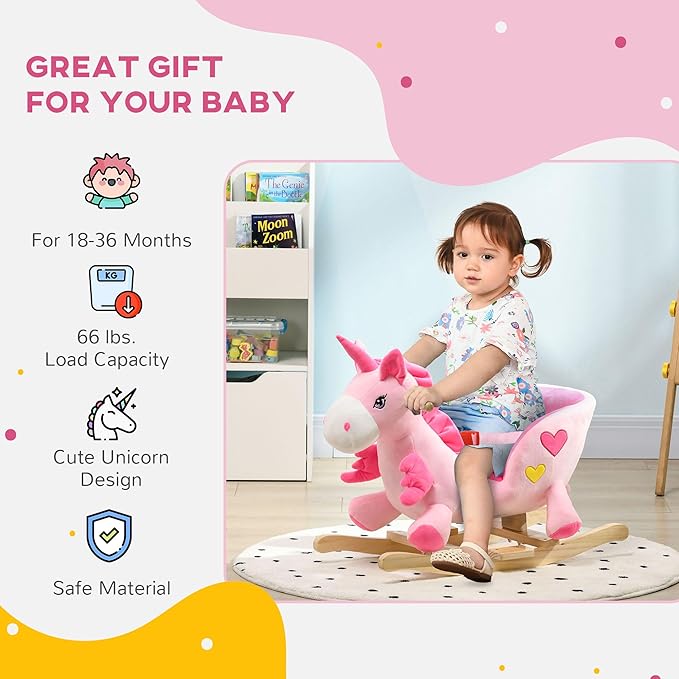 Qaba Baby Rocking Horse, Ride on Unicorn with 32 Songs, Toddler Rocker Toy with Wooden Base Seat Safety Belt for 1.5-3 Year Old, Pink