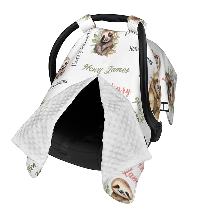 Personalized Winter Baby Car Seat Cover with Name Sloth Winter Car Seat Cover for Baby Seat or Stroller Custom Infant Car Seat Covers Minky Blankets Nursing Cover Breastfeeding Scarf