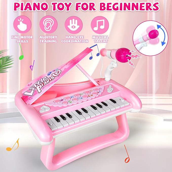 Baby Piano Music Toy, 22 Key Pink Piano Toys for 2 3 Years Old Girls, Baby Toddler Kids Musical Keyboard Toy with Microphone First Birthday Gift for Girls