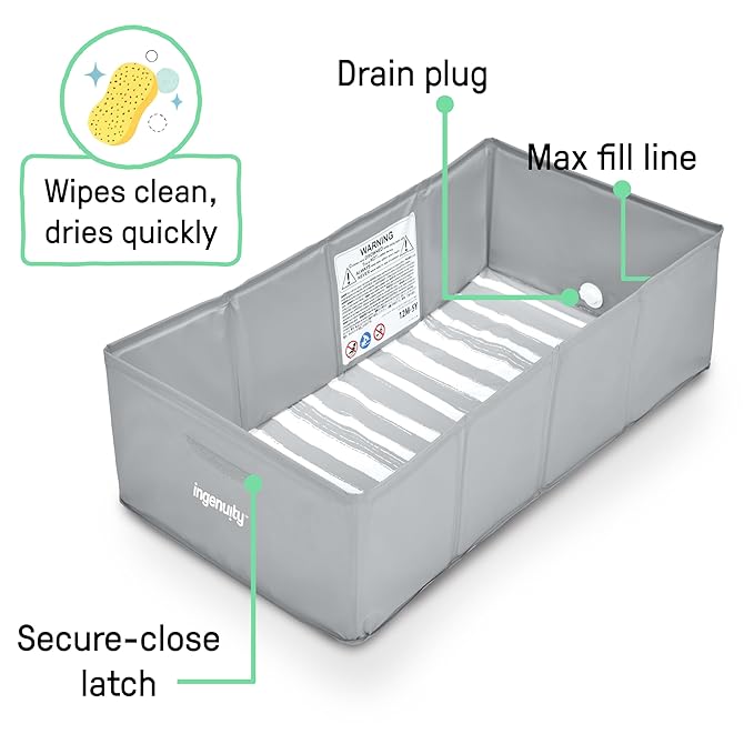 Ingenuity Tuckaway Toddler Folding Tub, Converts Shower to Tub, Folds to Store, Easy to Clean, No Assembly Required, Portable Baby Bathtub for Travel, 12M-5Y, Gray