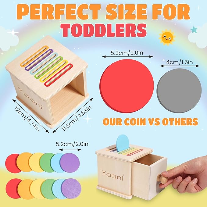 YAANI Montessori Coin Box Toy for Toddlers – Wooden Shape Sorting & Color Matching Learning Toy – Fine Motor Skills, Object Permanence, Early Educational Gift for 1-3 Year Old Boys & Girls