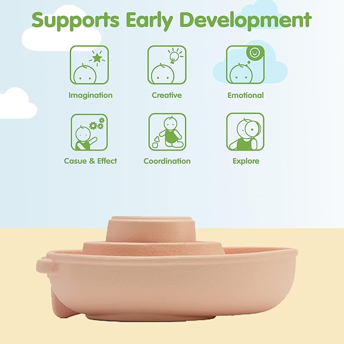 PlanToys® Pastel Orange Rubber Convertible Boat Montessori Water and Sensory Play Toy | Cause & Effect, Imagination and Exploration Activity | Eco Friendly Floating Bath Toy