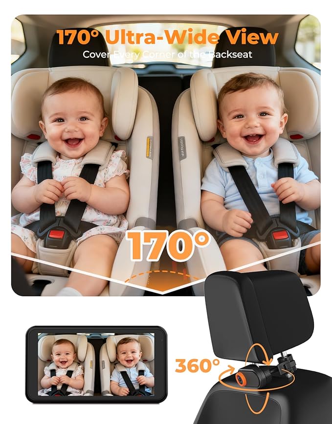 LUCKVIEW BM2A Baby Car Camera – 3X Zoom to See Baby Clearly, 5.2" 1080P Display & Auto IR Night Vision, Rear-Facing View Monitor, Easy Install for Parents & Pet Owners