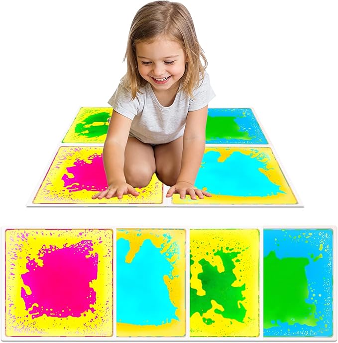 Sensory Floor Tiles Liquid for Kids: Motion Activity Play Mat 12x12 Inch Non-Toxic Anti-Slip Leakproof - 4 Colorful Pads Tactile Exploration & Visual Tracking Toys for Classroom/Autism Room