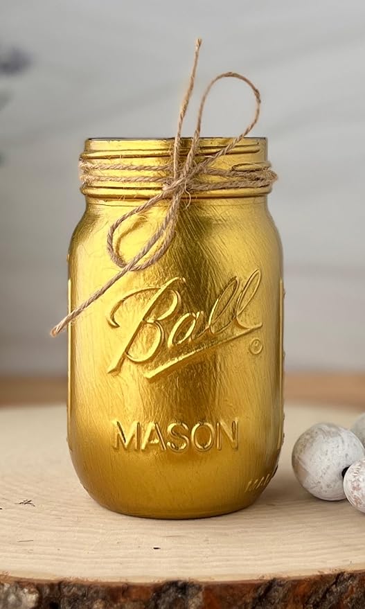 VivasFlowerShop Painted Mason Jar Centerpieces for Tables, Pint Mason Jars for Centerpieces, Small Mason Jar Pen Holder, Mason Jar Decor, Pint Size, Mason Jars for Table Centerpieces (Gold)