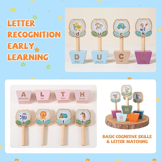 Montessori ABC Learning Toys for Kids, Wooden Matching Games for Toddlers 3-5 - Letter & Flower Matching Alphabet Puzzles with Storage Bag, Fine Motor Skills Toys Gift for Girls Boys 3+ Years Old