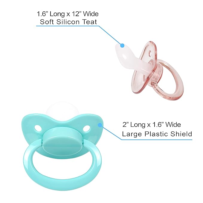 J&Or The Classic Original Adult Sized Pacifier Dummy - Three Color Pack - Transparent Pink | Turquoise | Glitter Green