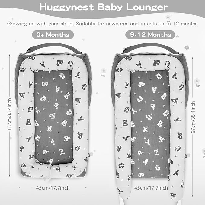 Baby Lounger 0-24 Months for Newborn to Toddler - Portable Baby Lounger for Travel with Cotton Infant Nest, Adjustable Safety Bumper & Baby Lounger Pillow - Letter Grey