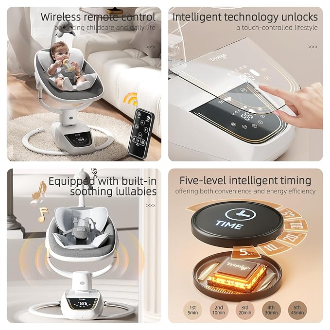 Trimigo Baby Swings for Infants to Toddler, 180° Adjustable 3D Electric Baby Swing, Remote,5-Modes,4-Speed,3-Seat Height, 8 Melody, Newborn Swings,Infant Swings for Babies 0-12 Month (Grey)