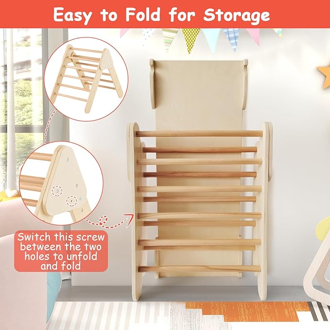 HONEY JOY 5 in 1 Wooden Climbing Toys for Toddlers, Triangle Climber with Ramp for Sliding or Climbing, Indoor Beech Montessori Triangle Climbing Arch Set for Daycare, Gym & Playground, Natural