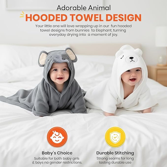 Pack of 2 Hooded Baby Towels for Newborn- 31.5" x 31.5" Coral Fleece Fabric, Absorbent and Washable for Infants and Toddlers - Toallas para Bebe - (Elephant & Bear Style)