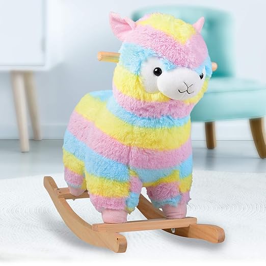 Rainbow Llama Rocker for Toddlers – Soft Plush Ride-On with Wooden Frame | Balance, Coordination, Imaginative Play & Toddler Gift, Ages 18+ Months