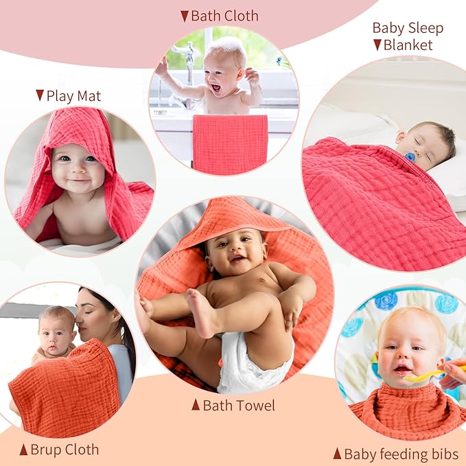 VitalCozy 6 Pcs Baby Muslin Hooded Bath Towels and Washcloths Muslin Cotton Hooded Baby Towels Absorbent Blankets for Gift Newborn Infant Shower (32 x 32 Inch,Cherry Red,Coral)