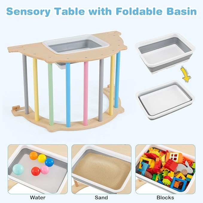 Olakids Climbing Arch for Toddlers, 4 in 1 Wooden Indoor Kids Climber Rocker Montessori Sensory Table with Foldable Storage Bin, Baby Pikler Set Gym Learning Crawling Toy for Children (Rainbow)