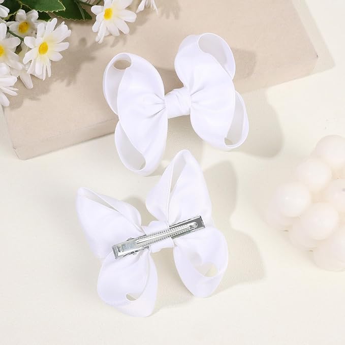 OAOLEER 2PCS 3.5inch Hair Bows for Girls，White Stain Ribbon Hair Bows Alligator Clips Hair Accessories for Back To School Teen Toddler Girls Kids (White)