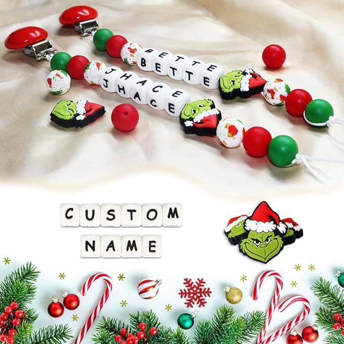 Personalized Christmas Pacifier Clip with Baby Name,1st Christmas Custom Binky Clip Baby Gift (Red)