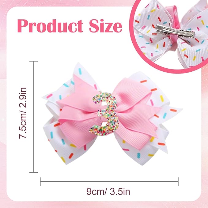 2 Pack 3rd Birthday Hair Bow for Girls, Pink Hair Clips Hair Accessories for Girls 1 2 3 4 5 6 Years Birthday Confetti Ice Cream Party Supplies Decorations