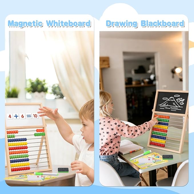 Wooden Abacus for Kids Math Games for Kids 3-5 4 5-7 6-8 Counters Toys with Double-Sided Whiteboard Blackboard and Magnetic Number Cards 1-100 Educational Counting Math Manipulatives 1st 2nd grade