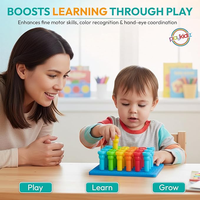 Play Build Kids Peg Board Building Set 26 Pieces - STEM Construction with Colorful Pegs & Shapes, Fine Motor Skills Learning Toy, Montessori Toddler Building Toys for Boys & Girls Age 3+