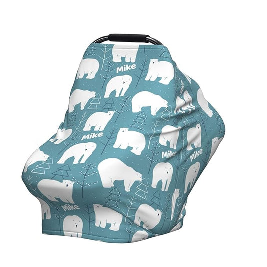 Personalized Baby Car Seat Cover for Boys Girls, Custom Polar Bear Nursing Covers for Breastfeeding with Name, Infant Stroller Cover, Baby Carseat Canopy for Newborn, Multiuse Car Seat Canopies