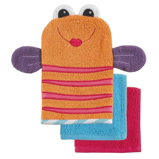 Luvable Friends Wash Mitt and Washcloths, Orange Fish, 2 Count