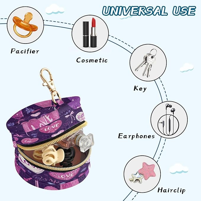 Pacifier Holder with Clip Pacifier Case for Diaper Bag Round Baby Pacifier Pouch Box Bag Portable Valentine Purple Love Heart Bows