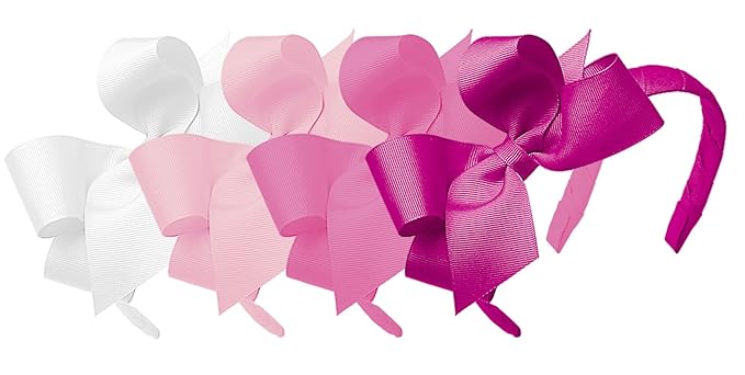 Wee Ones Girls' Classic Grosgrain Headbands with Grosgrain Bows and a Plain Wrap Center, 4 Pack, Medium Bows, White, Light Pink, Pearl, and Shocking Pink