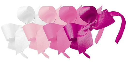 Wee Ones Girls' Classic Grosgrain Headbands with Grosgrain Bows and a Plain Wrap Center, 4 Pack, Medium Bows, White, Light Pink, Pearl, and Shocking Pink