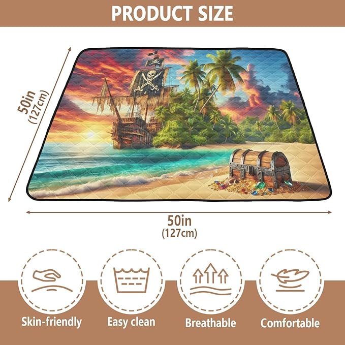 Tropic Pirate Ship Baby Play Mat for Floor, 50 x 50 Inch Soft Crawling Mat for Playpen, Waterproof Foldable Foam Baby Play Mats for Infants, Babies, Toddlers