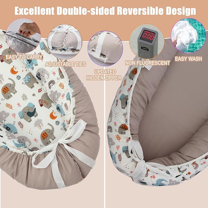Baby Lounger - Baby Lounger for Newborn, 0-24 Months, Reversible Adjustable Newborn Lounger Baby Nest for Home and Travel, 100% Organic Cotton Washable Infant Lounger Cover, Essential Baby Gift (Grey)