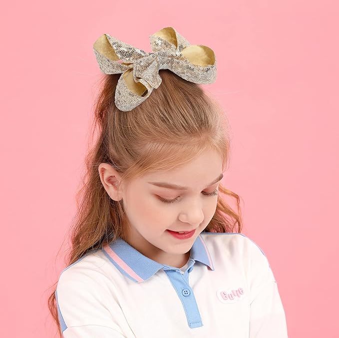6 Inch Gold Sparkly Glitter Sequin Hair Bows for Girls Toddlers Kids Children Teenage (2PCS)