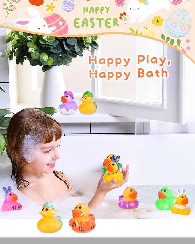 24 Pcs Easter Rubber Ducks, Assortment Duckies in Bulk for Ducking, Mini Rubber Duckies for Kids Baby Bath Pool Toys, Floater Duck Easter Basket Stuffers and Party Favors