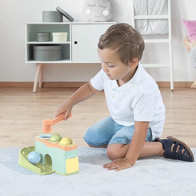 DOLU: Rolling Balls - Pound & Play Toy, Bench w/Exciting Roll Ramp, Hammer Mallet, 3 Balls, Soft Pastel Colors, Push & Grab, Kids & Toddlers 18mo+