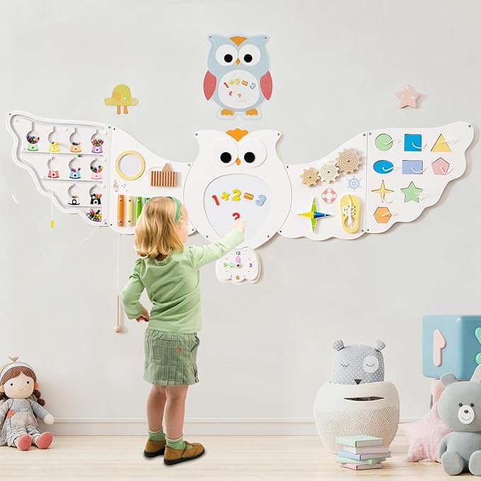 Olakids Owl Sensory Wall, 11 in 1 Wooden Montessori Busy Board Panel with Magnetic Whiteborad Mirror 26 Accessories, Toddler Wall Mounted Activity Center Educational Toys Learning Gift (White Owl)