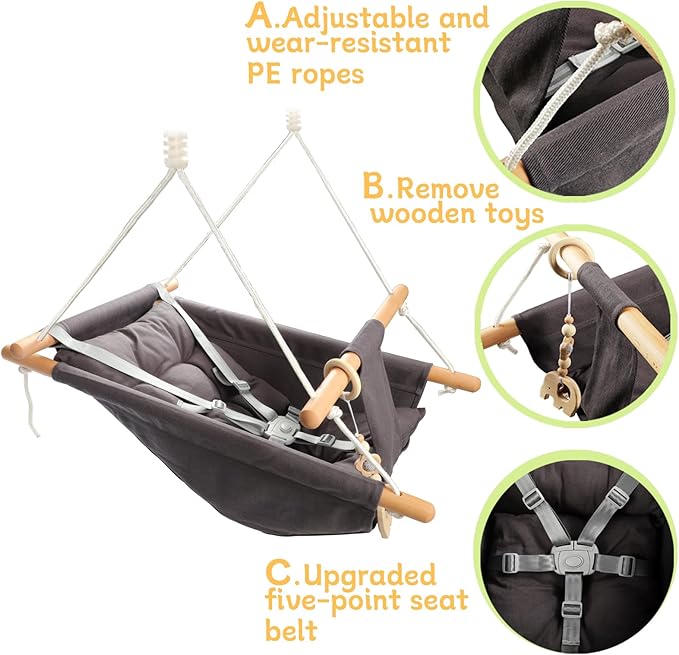 Baby Swing Outdoor Indoor for Infants to Toddlers, Portable Adjustable Baby Porch Swing with 5-Point Safety Belt, Kids Tree Hanging Chair Toys for Door Garden Backyard