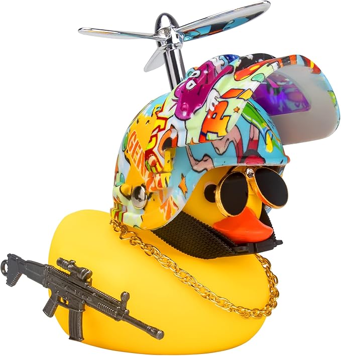 wonuu Rubber Yellow Duck Car Ornaments Cool Duck Car Dashboard Decorations with Propeller Helmet Sunglasses (Underwater World-Yellow G)
