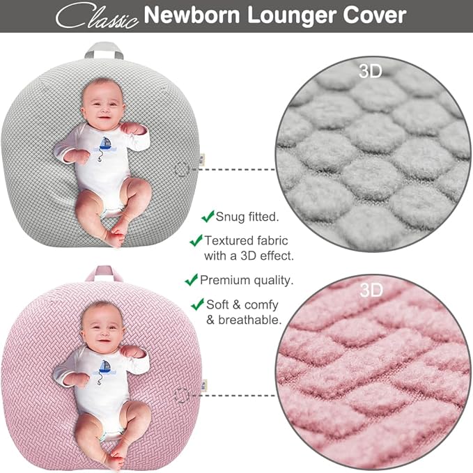 Strechy Newborn Lounger Cover, Removable and Ultra Soft Sung Fitted Baby Lounger Slipcover by BlueSnail (2 Pack, Pink+Light Gray)
