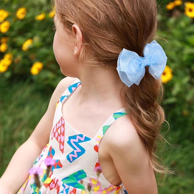 Blue Ribbon Hair Bows 4" Mesh Organza Hair Bow Alligator Clips Barrettes Ponytail Holder Decor Accessories for Women Girls Toddlers Teens Kids Children Back School Gift Set