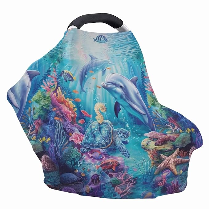 Youngerbaby Dolphin Turtle Baby Car Seat Covers Nursing Cover Breastfeeding Soft Infant Carseat Canopy,Stretchy Breathable Cover for Stroller High Chair Shopping Cart Canopies