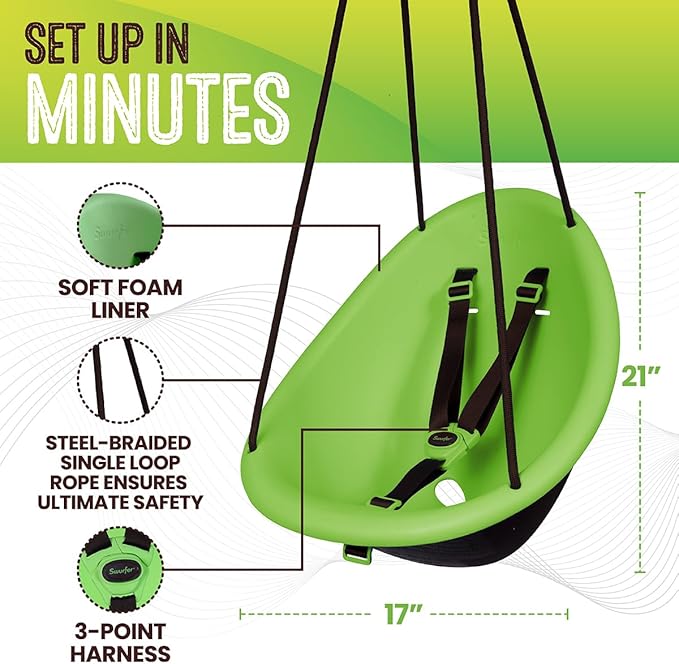 Swurfer Kiwi Toddler Swing – Comfy Baby Swing Outdoor, 3-Point Adjustable Safety Harness, Safe Quick Click Locking System, Foam-Lined Shell, Blister-Free Rope, Easy Installation, Age 9 Months and Up