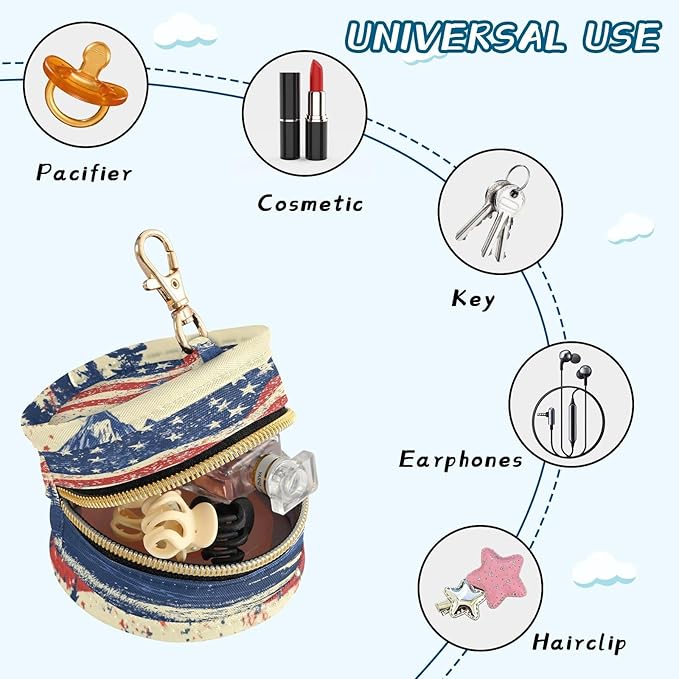 Pacifier Holder with Clip Pacifier Case for Diaper Bag Round Baby Pacifier Pouch Box Bag Portable July 4th Flags Mountains Blue